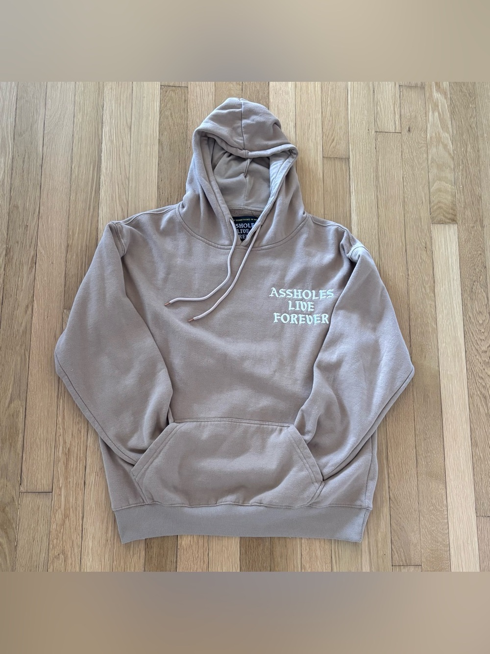 Assholes Live Forever ALF Hoodie Medium Taupe Beige Embroidered Stash Pocket